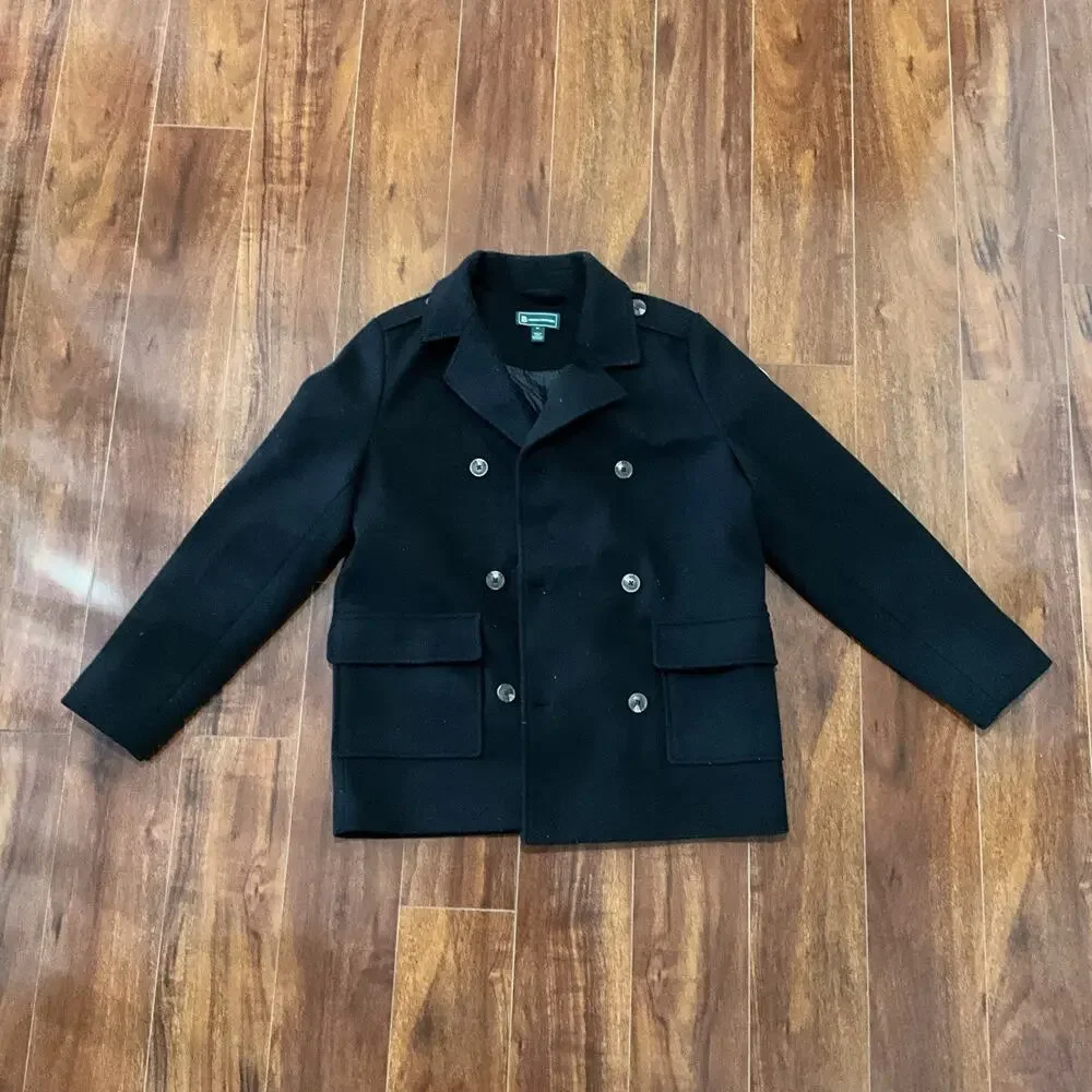B by Brooks Brothers Boys Black Wool Blend Double Breasted Pea Coat Size 16Y